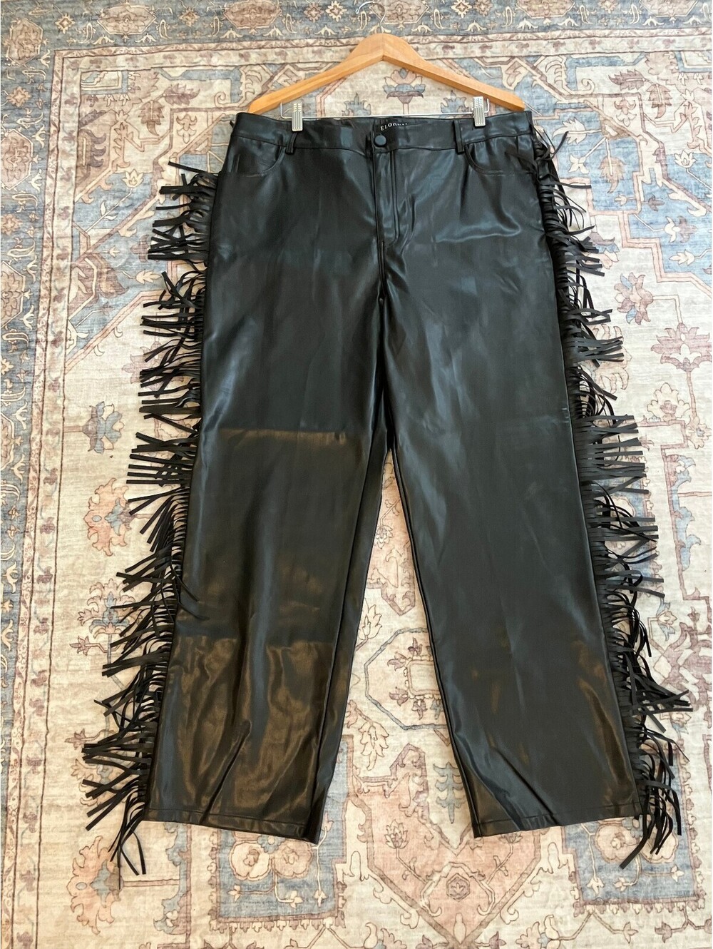Eloquii Womens 16 Black Faux Leather Fringe Trousers Western Straight Leg